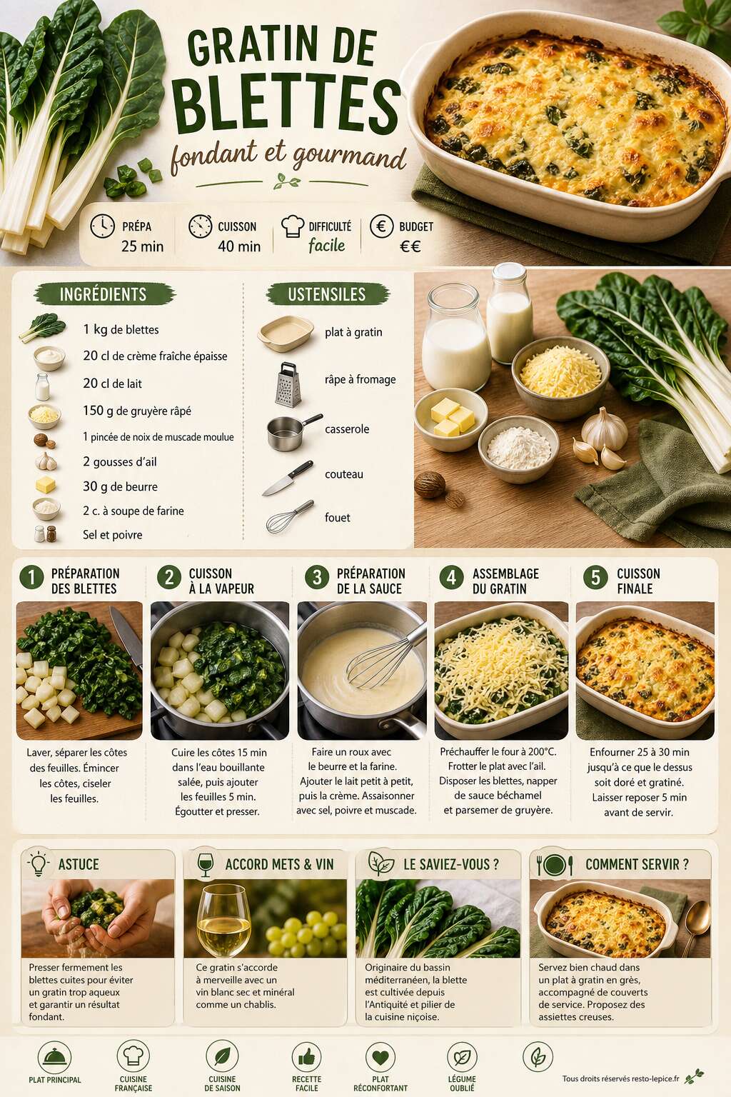 Fiche recette Recette du gratin de blettes fondant et gourmand