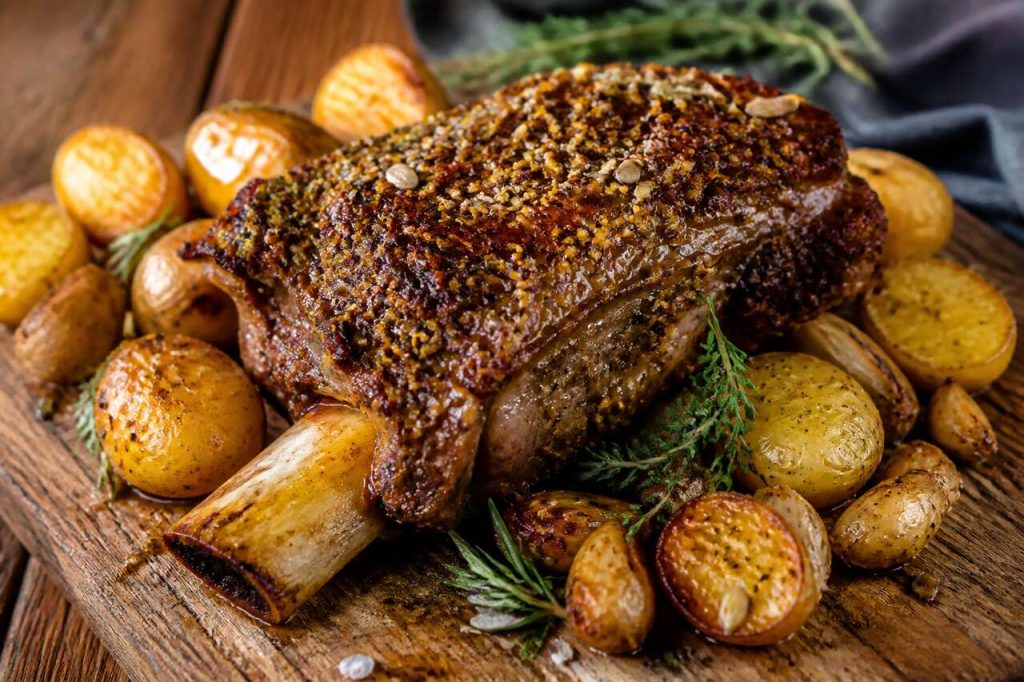 Côte de bœuf rôtie à la moutarde et petites pommes de terre aux graines