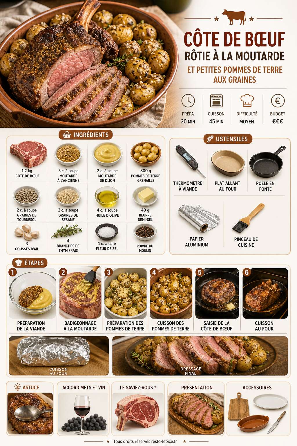 Fiche recette Côte de bœuf rôtie à la moutarde et petites pommes de terre aux graines Fiche recette Côte de bœuf rôtie à la moutarde et petites pommes de terre aux graines