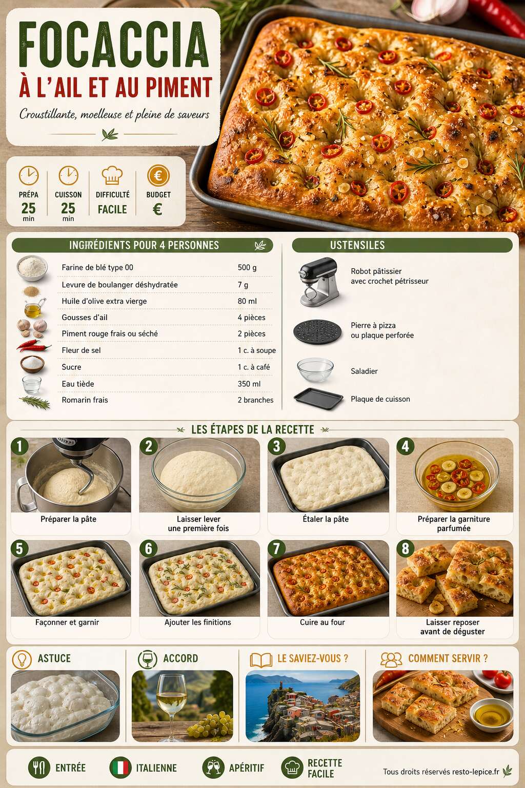 Fiche recette Recette de focaccia &agrave; l'ail et au piment