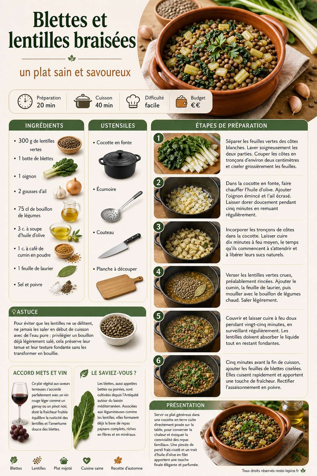 Fiche recette Recette de blettes et lentilles braisées : un plat sain et savoureux Fiche recette Recette de blettes et lentilles braisées : un plat sain et savoureux