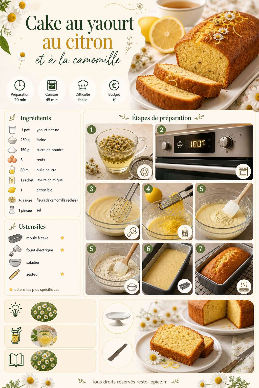Fiche recette Recette du cake au yaourt au citron et à la camomille Fiche recette Recette du cake au yaourt au citron et à la camomille