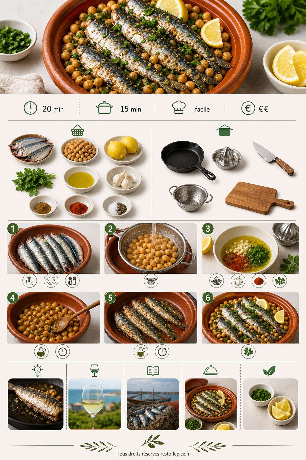 Fiche recette Recette de sardines aux pois chiches, citron et persil