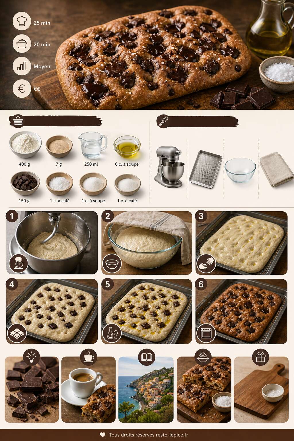 Fiche recette Recette de focaccia au chocolat noir, huile d'olive et fleur de sel Fiche recette Recette de focaccia au chocolat noir, huile d'olive et fleur de sel
