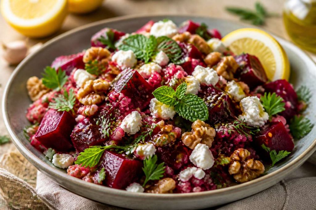 Recette de salade de betterave aux céréales, herbes fraîches et sauce à la feta