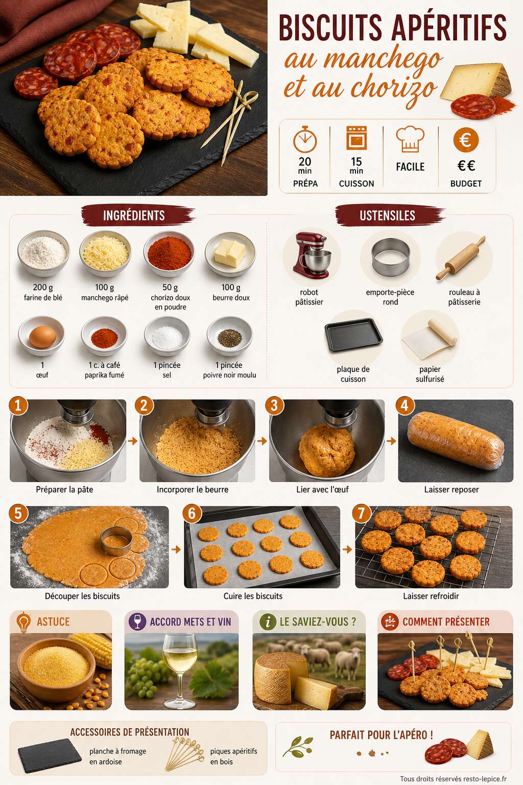 Fiche recette Recette de biscuits apéritifs au manchego et au chorizo Fiche recette Recette de biscuits apéritifs au manchego et au chorizo