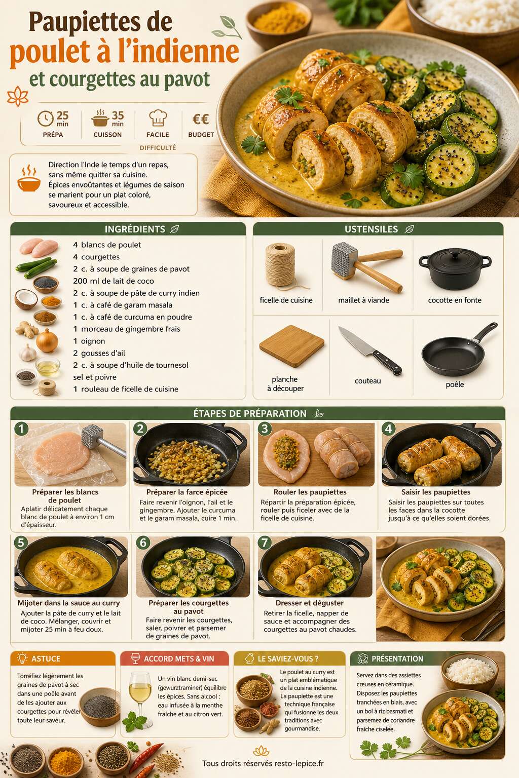 Fiche recette Recette de paupiettes de poulet à l'indienne et courgettes au pavot Fiche recette Recette de paupiettes de poulet à l'indienne et courgettes au pavot