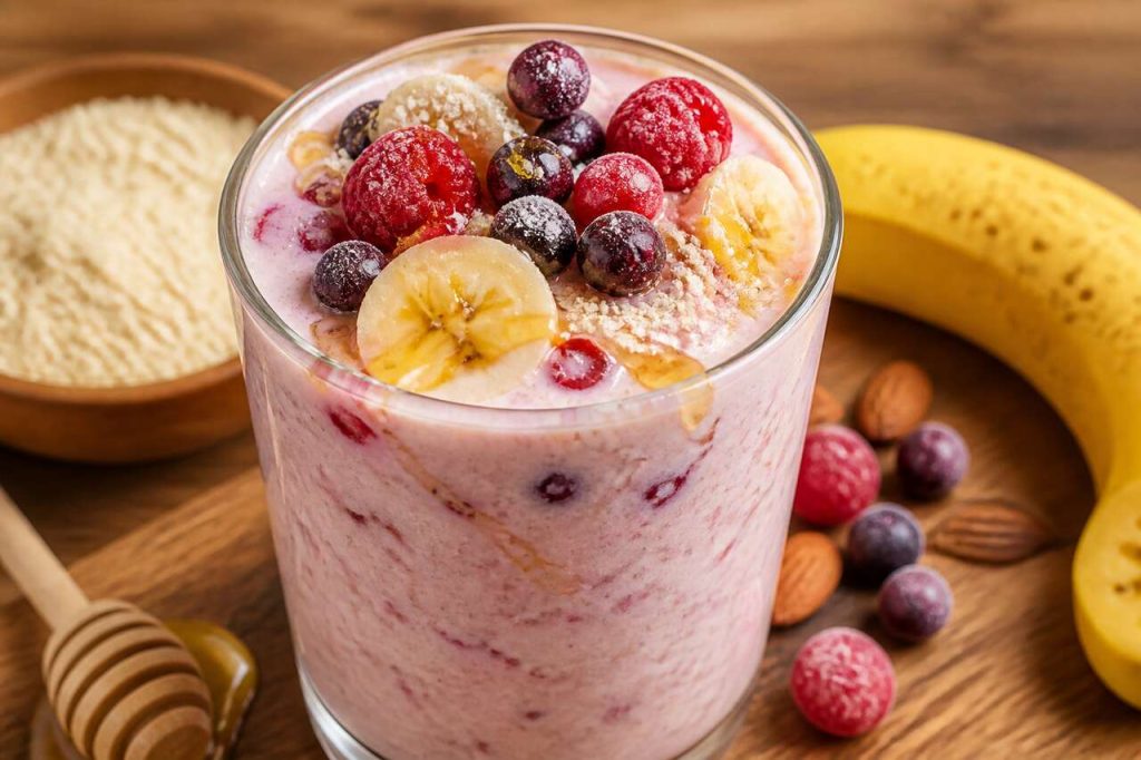 Recette de smoothie au kéfir, banane, amandes et fruits rouges surgelés