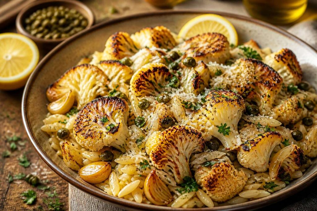 Recette de chou-fleur grillé et orzo au citron et aux câpres