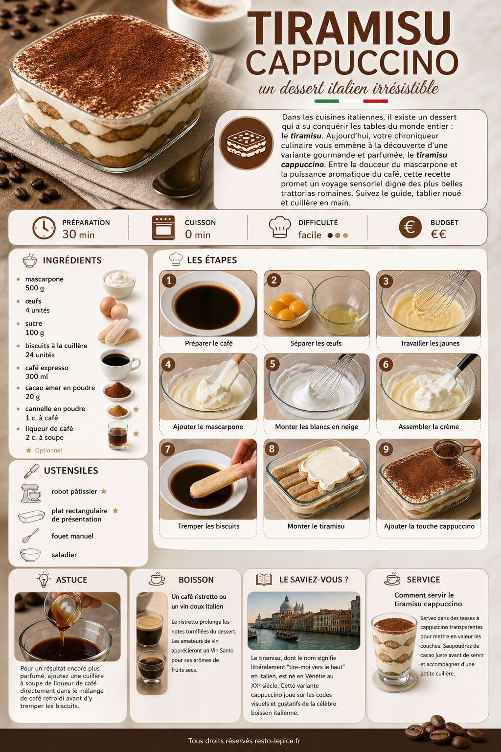 Fiche recette Recette du tiramisu cappuccino : un dessert italien irr&eacute;sistible