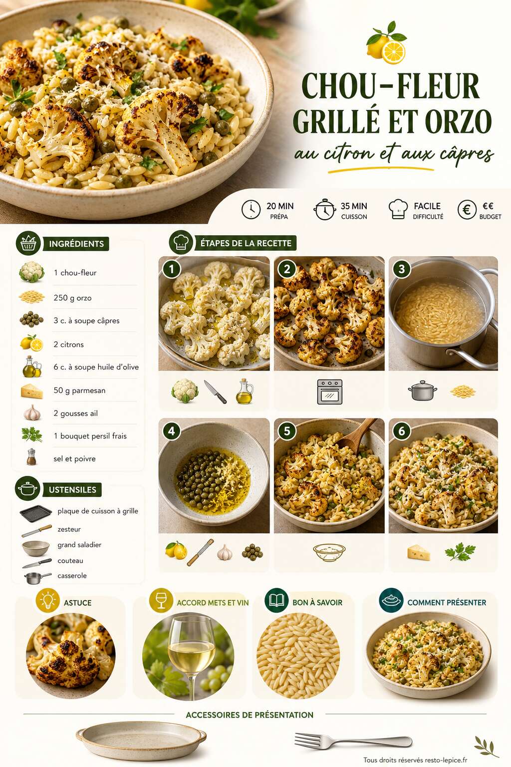 Fiche recette Recette de chou-fleur grill&eacute; et orzo au citron et aux c&acirc;pres