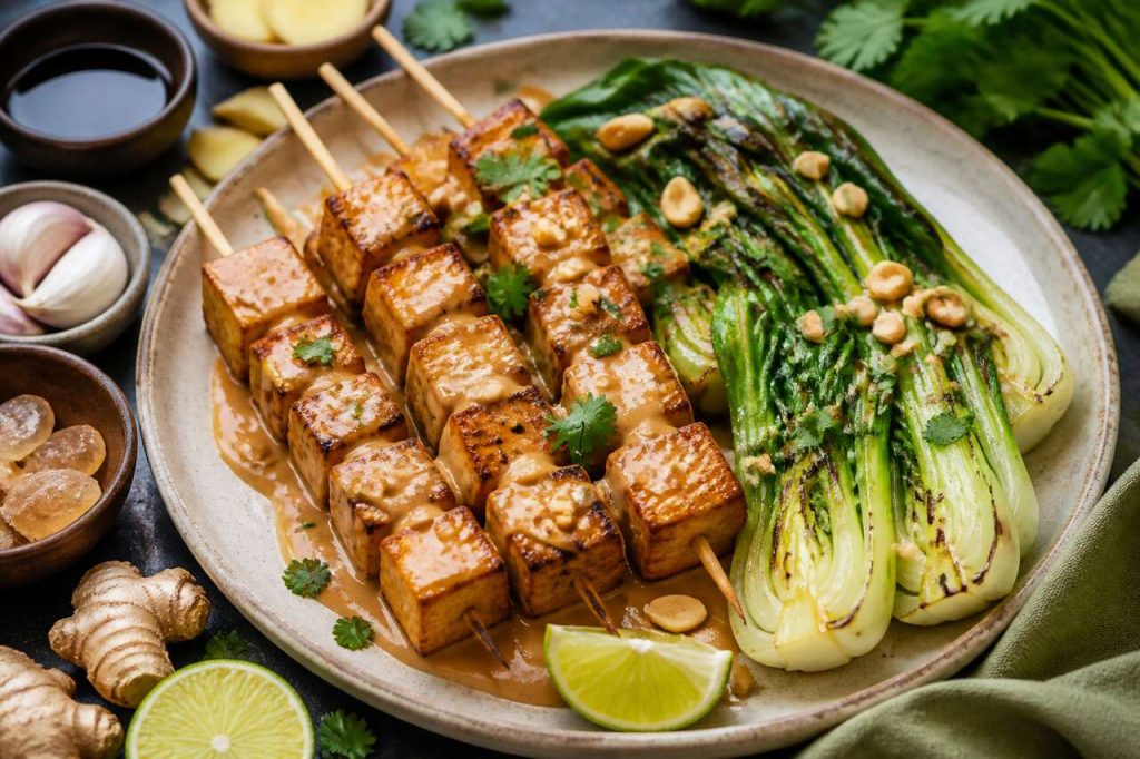 Recette de brochettes de tofu satay et pak choï à l'ail et au gingembre