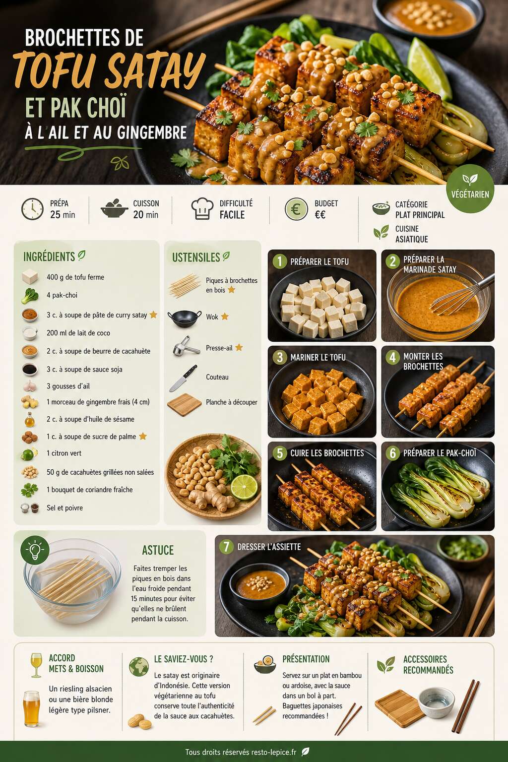 Fiche recette Recette de brochettes de tofu satay et pak cho&iuml; &agrave; l'ail et au gingembre