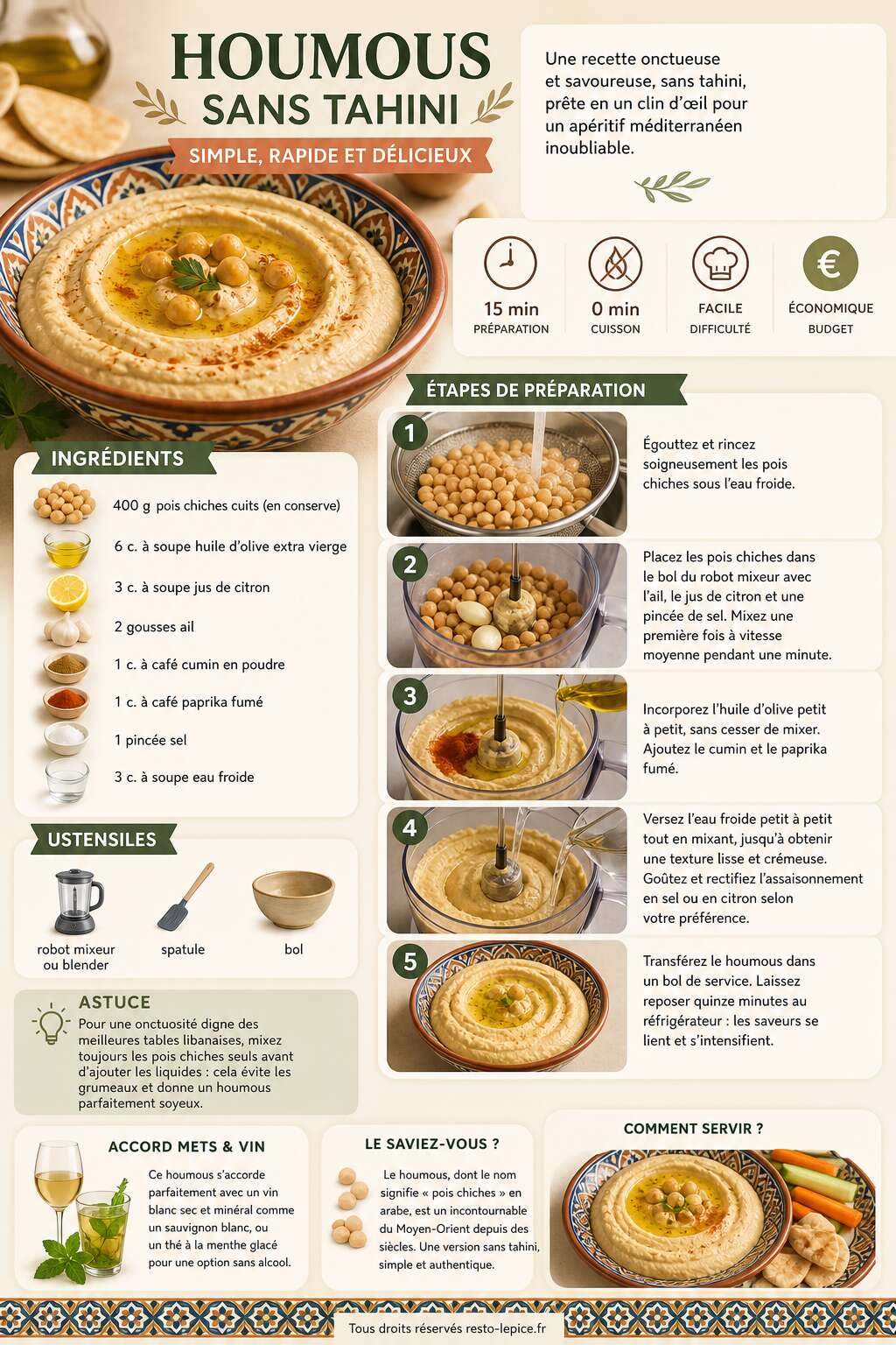 Fiche recette Recette de houmous sans tahini : simple, rapide et d&eacute;licieux