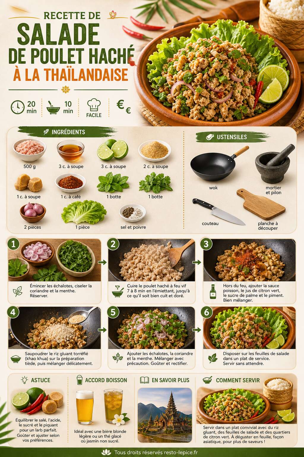 Fiche recette Recette de salade de poulet haché à la thaïlandaise Fiche recette Recette de salade de poulet haché à la thaïlandaise