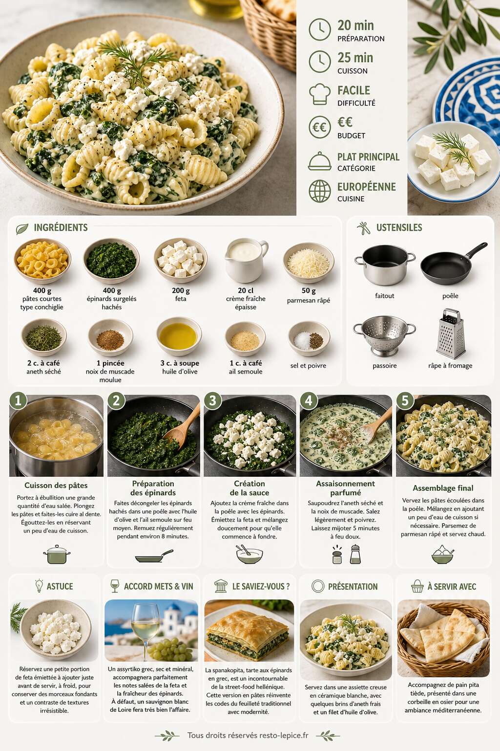 Fiche recette Recette de pâtes façon spanakopita Fiche recette Recette de pâtes façon spanakopita