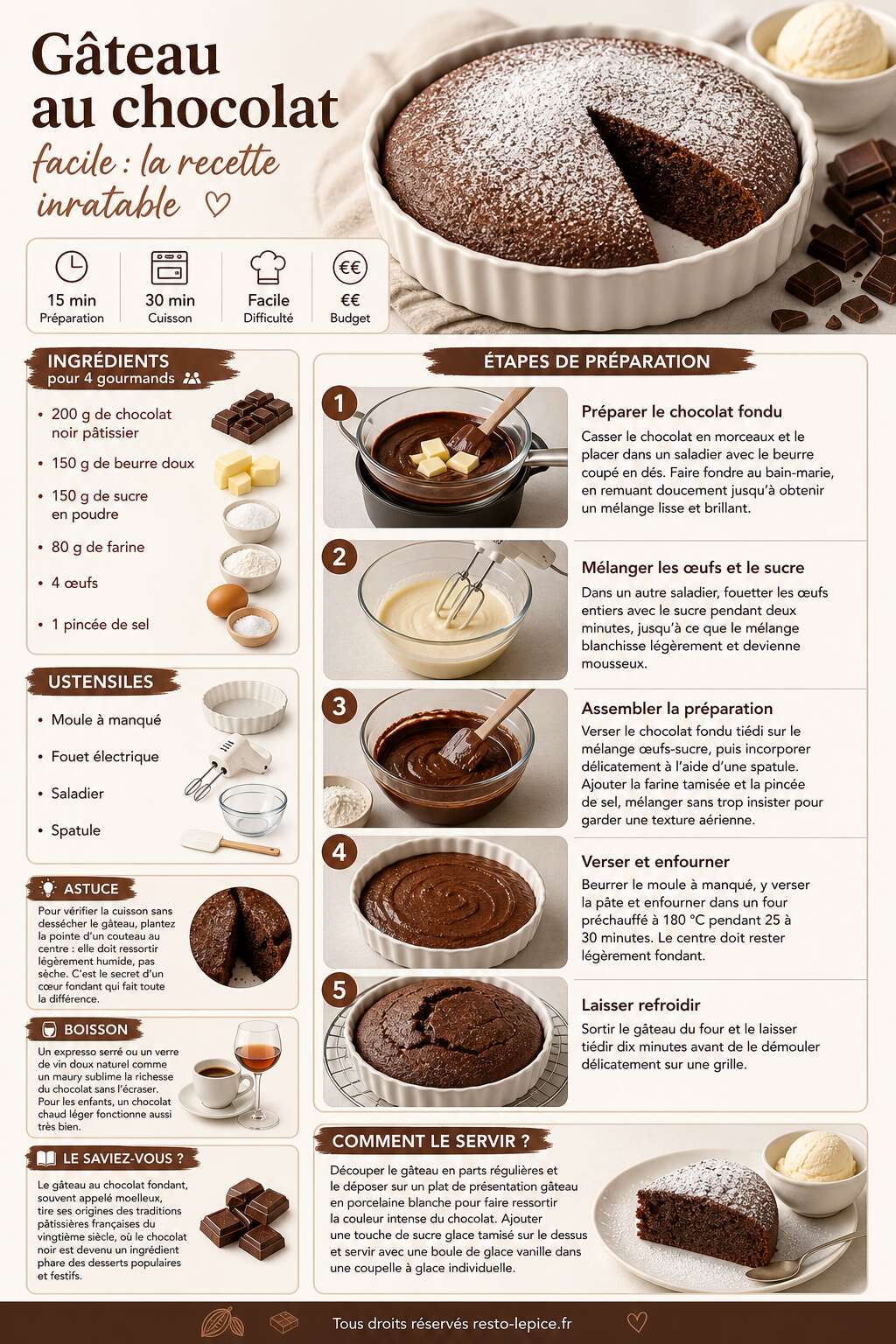 Fiche recette G&acirc;teau au chocolat facile : la recette inratable
