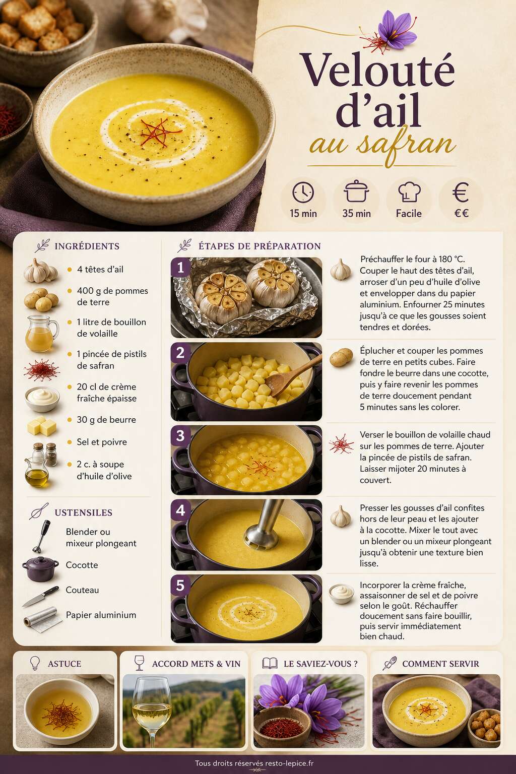 Fiche recette Recette du velouté d'ail au safran Fiche recette Recette du velouté d'ail au safran