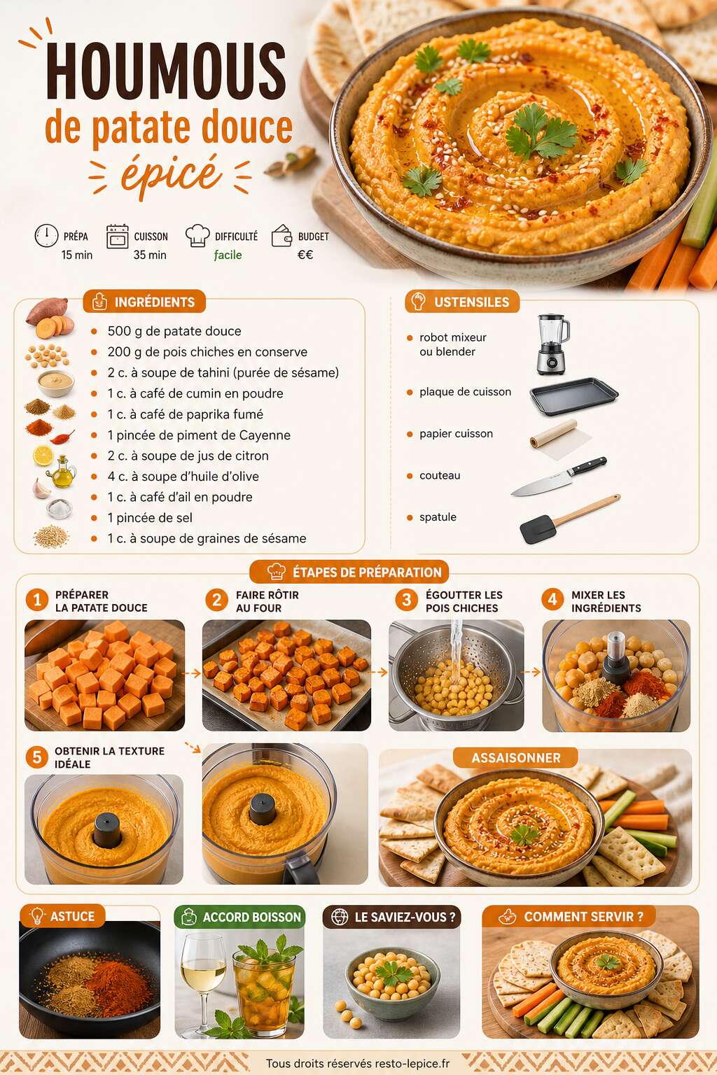 Fiche recette Recette du houmous de patate douce épicé Fiche recette Recette du houmous de patate douce épicé