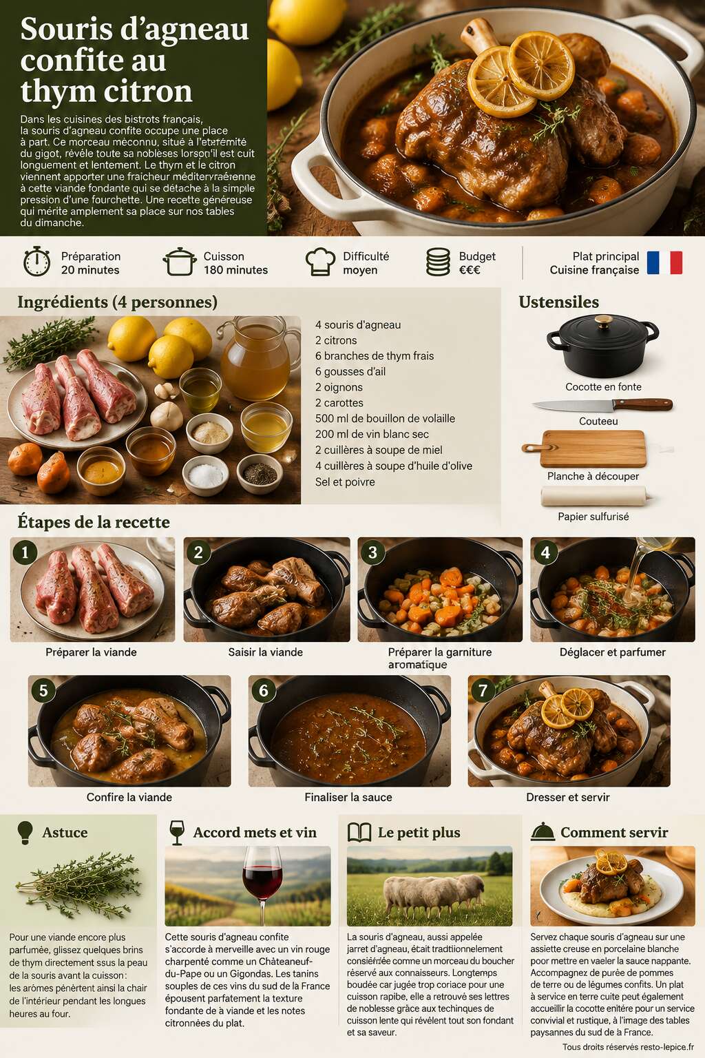 Fiche recette Recette de souris d'agneau confite au thym citron Fiche recette Recette de souris d'agneau confite au thym citron