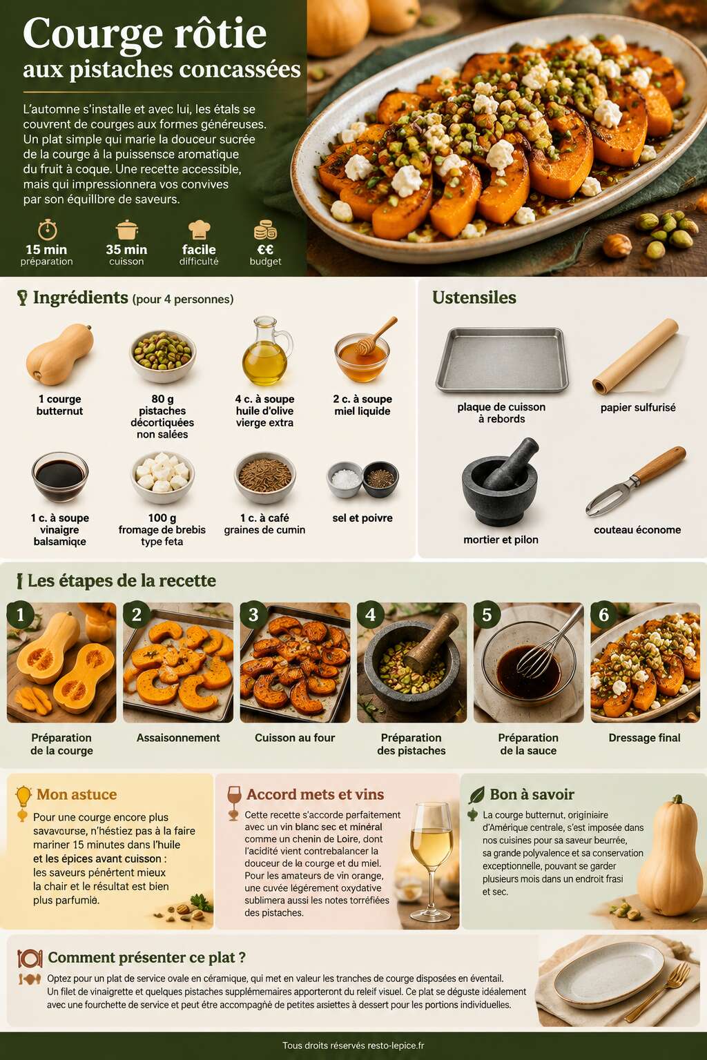 Fiche recette Recette de courge r&ocirc;tie aux pistaches concass&eacute;es
