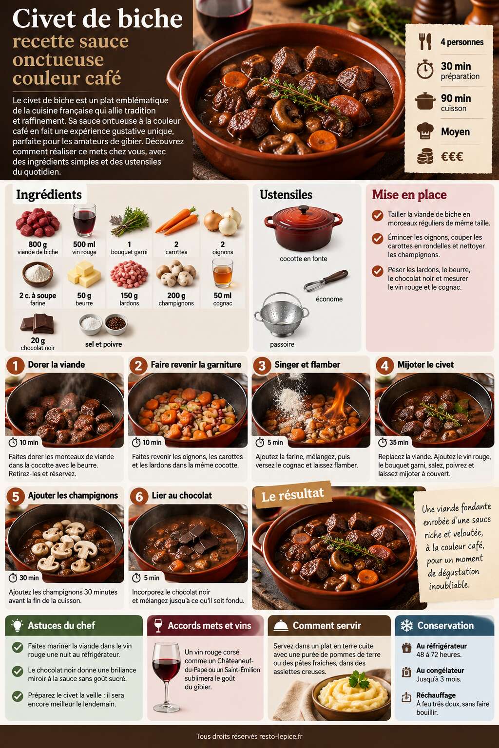 Fiche recette Civet de biche : recette sauce onctueuse couleur café Fiche recette Civet de biche : recette sauce onctueuse couleur café