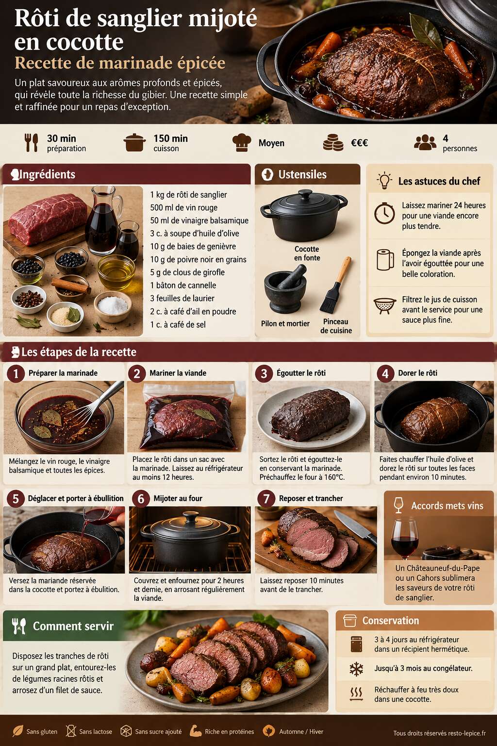 Fiche recette Rôti de sanglier mijoté en cocotte : recette de marinade épicée Fiche recette Rôti de sanglier mijoté en cocotte : recette de marinade épicée
