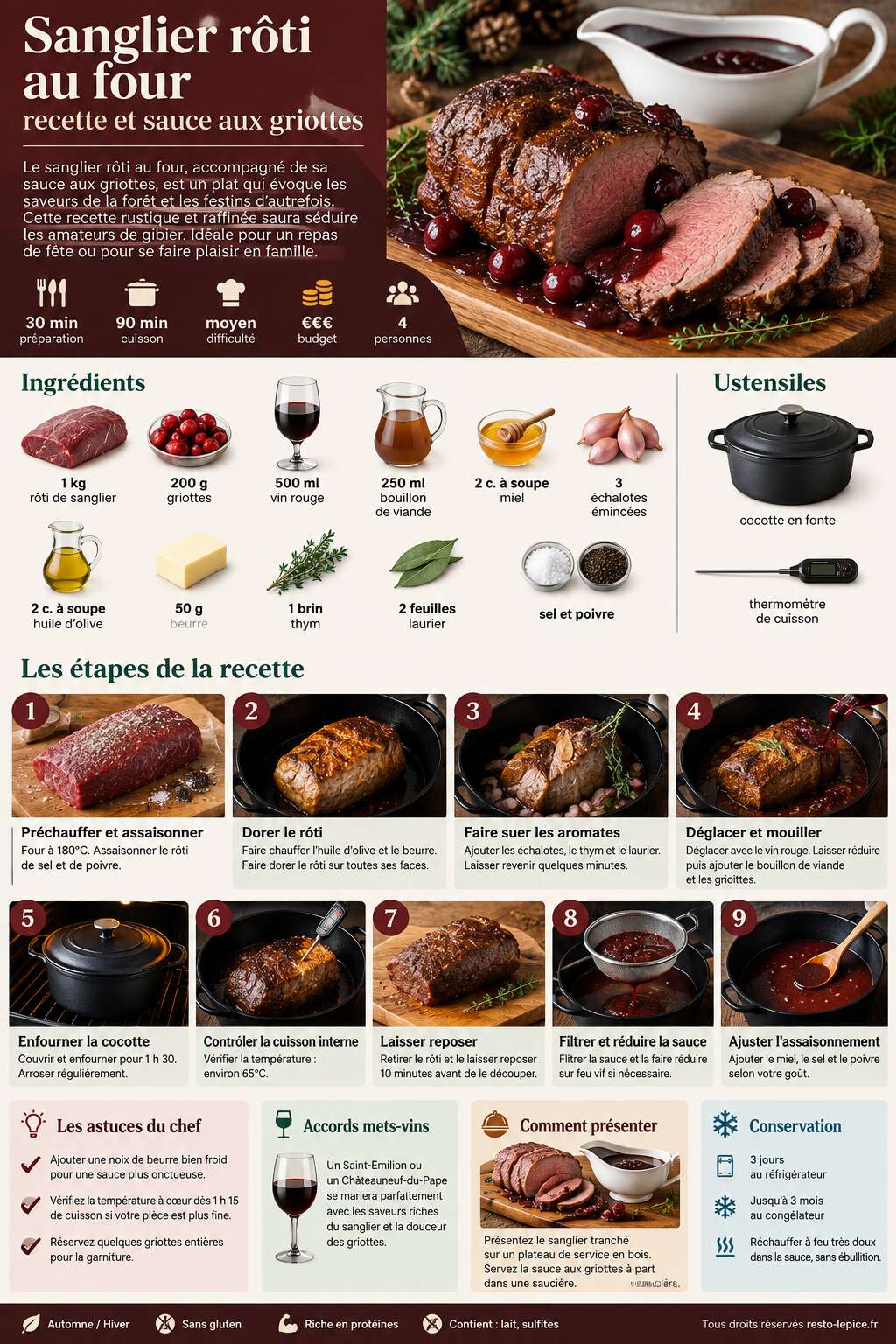 Fiche recette Sanglier r&ocirc;ti au four : recette et sauce aux griottes