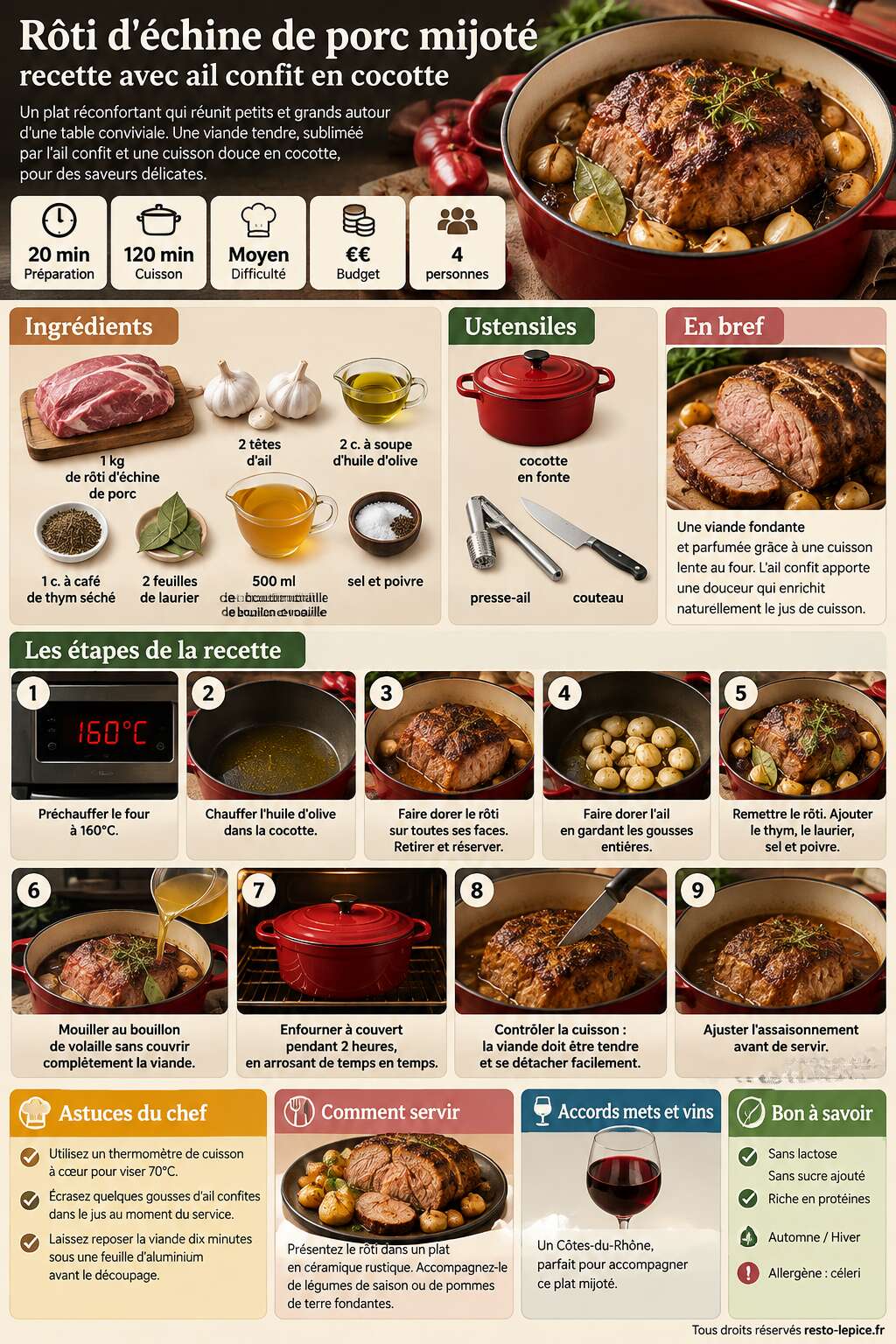 Fiche recette Rôti d'échine de porc mijoté : recette avec ail confit en cocotte Fiche recette Rôti d'échine de porc mijoté : recette avec ail confit en cocotte