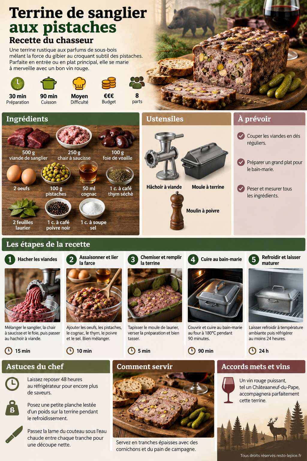 Fiche recette Terrine de sanglier aux pistaches : recette du chasseur