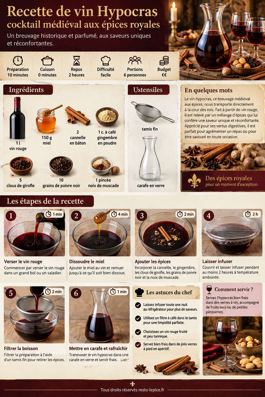 Fiche recette Recette de vin Hypocras : cocktail m&eacute;di&eacute;val aux &eacute;pices royales