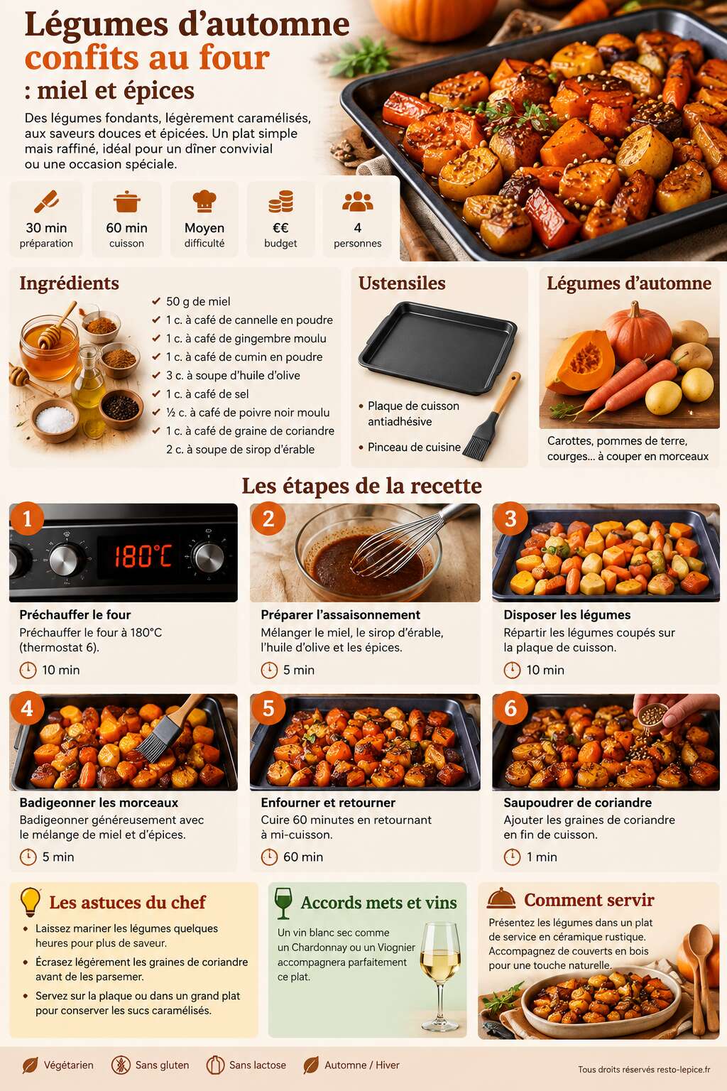 Fiche recette Légumes d'automne confits au four : miel et épices Fiche recette Légumes d'automne confits au four : miel et épices