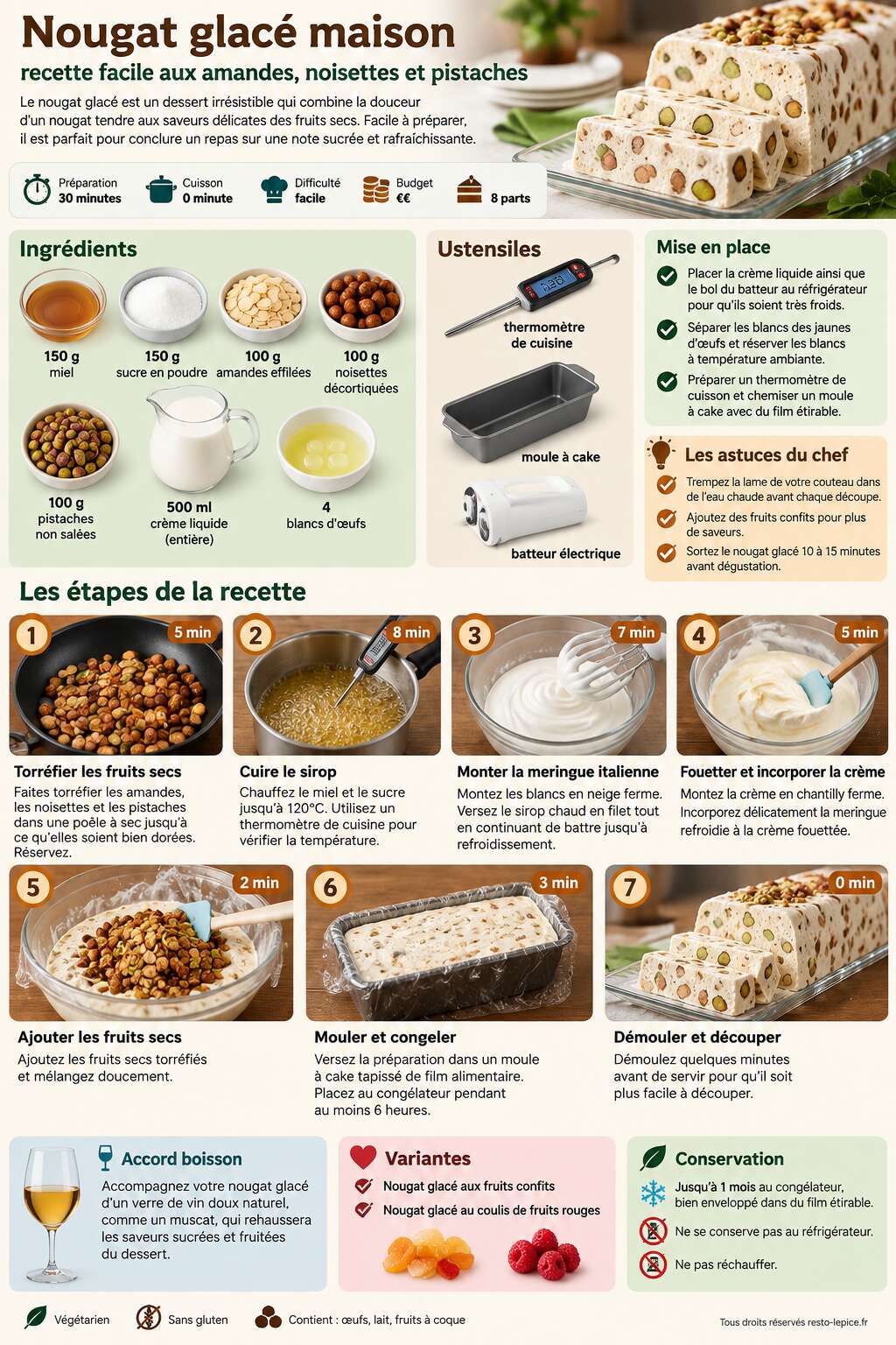 Fiche recette Nougat glac&eacute; maison : recette facile aux amandes, noisettes et pistaches