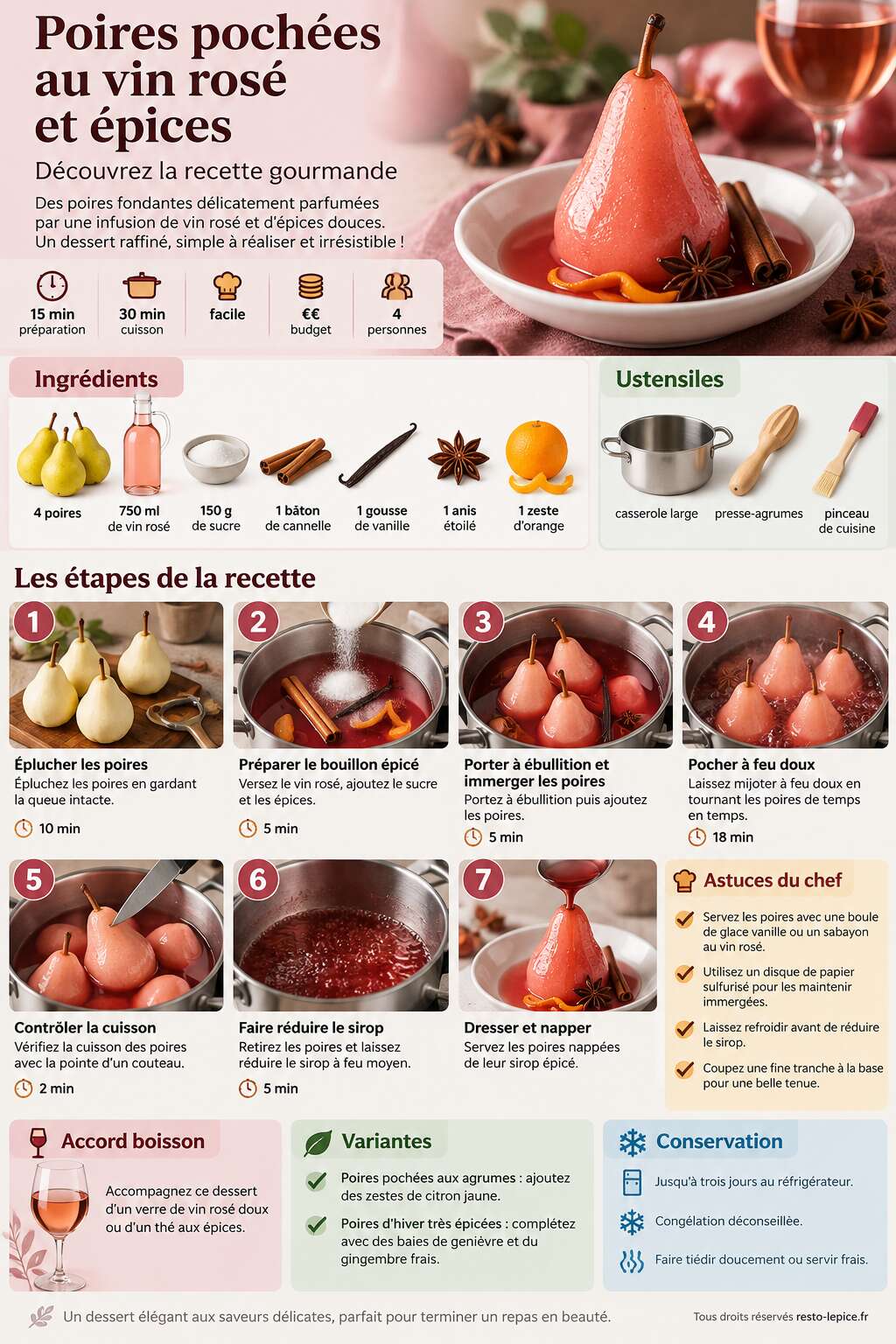 Fiche recette Poires pochées au vin rosé et épices : découvrez la recette gourmande Fiche recette Poires pochées au vin rosé et épices : découvrez la recette gourmande