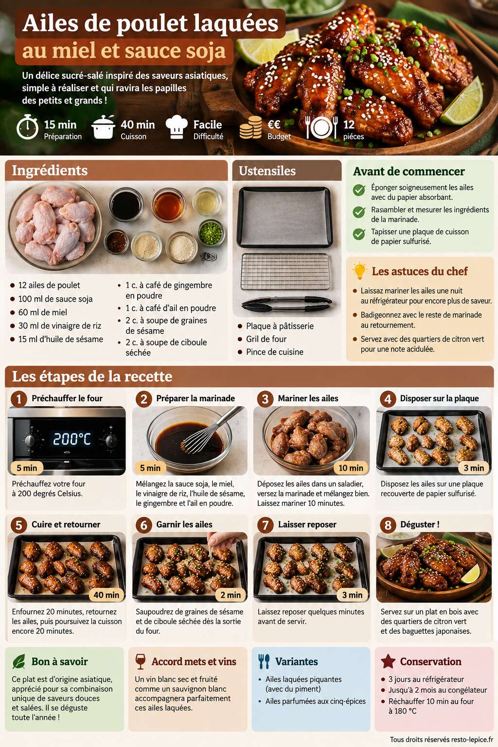 Fiche recette Recette : ailes de poulet laquées au miel et sauce soja Fiche recette Recette : ailes de poulet laquées au miel et sauce soja