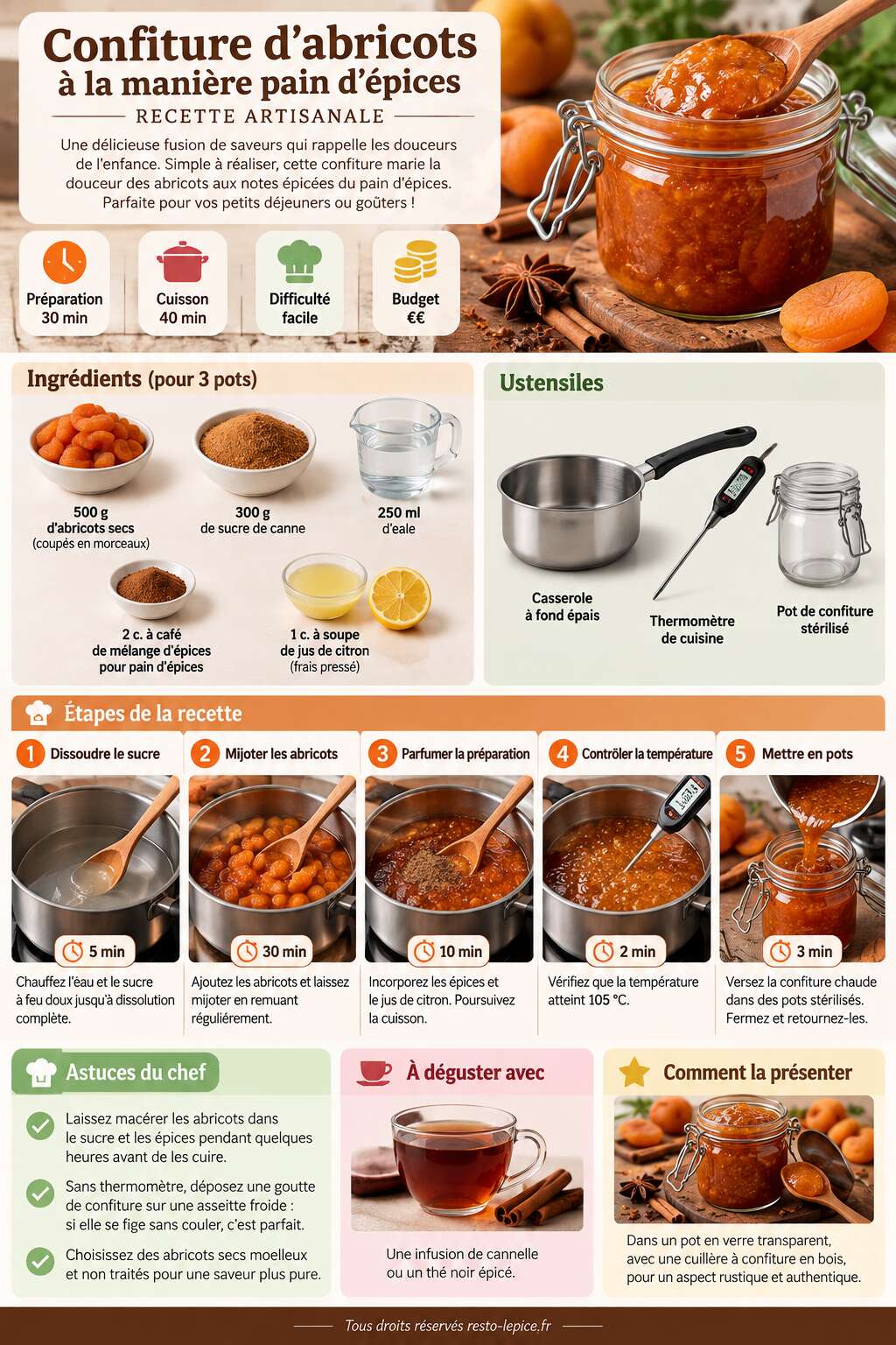 Fiche recette Confiture d'abricots à la manière pain d'épices : recette artisanale Fiche recette Confiture d'abricots à la manière pain d'épices : recette artisanale