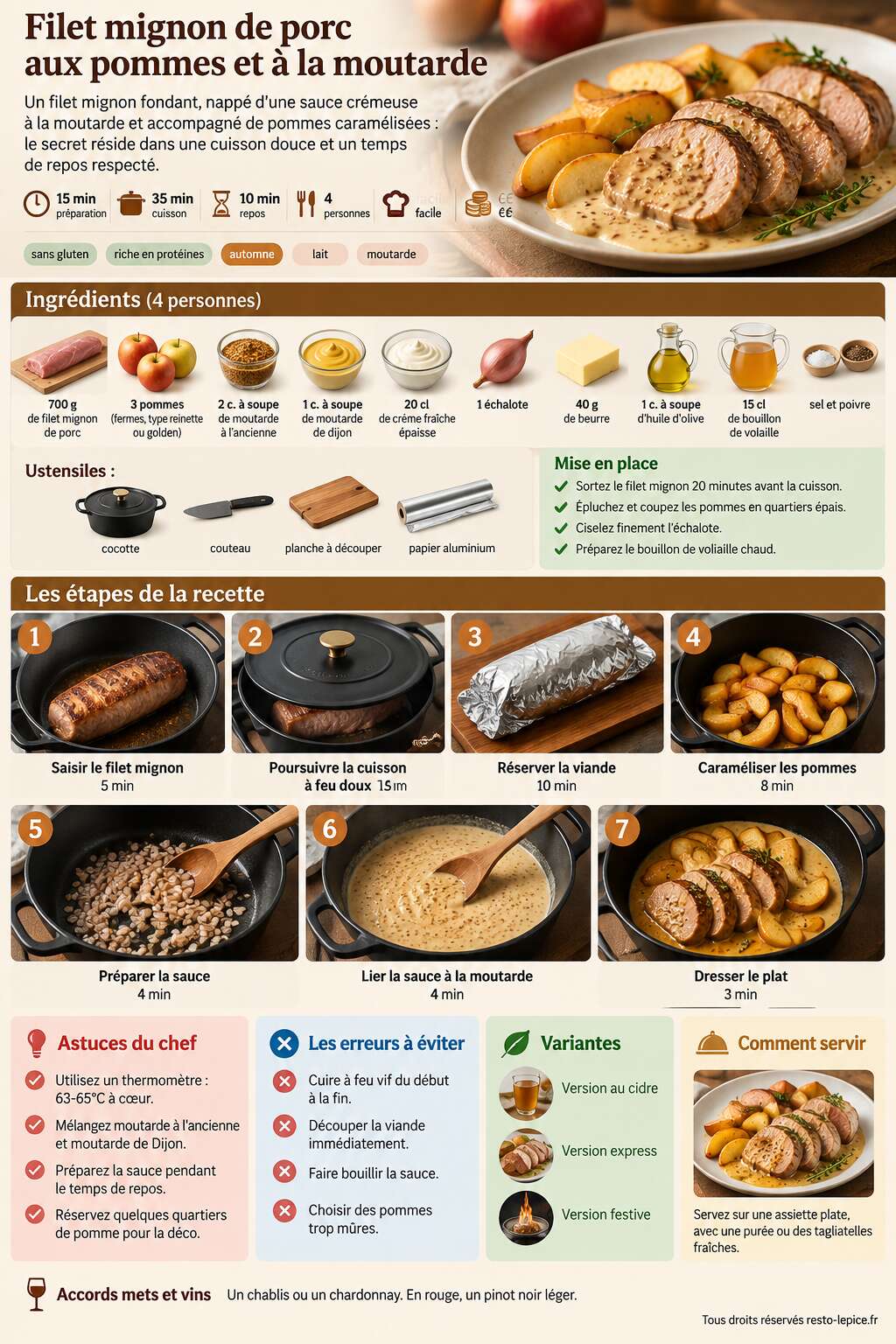 Fiche recette Recette du filet mignon de porc aux pommes et &agrave; la moutarde