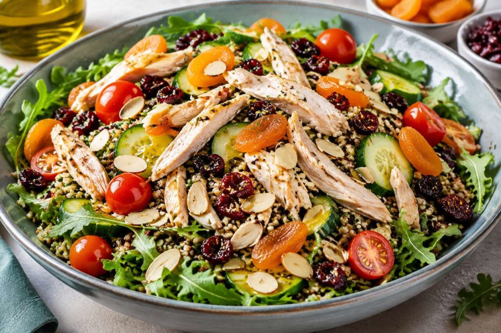 Recette de salade de poulet aux céréales et aux fruits secs