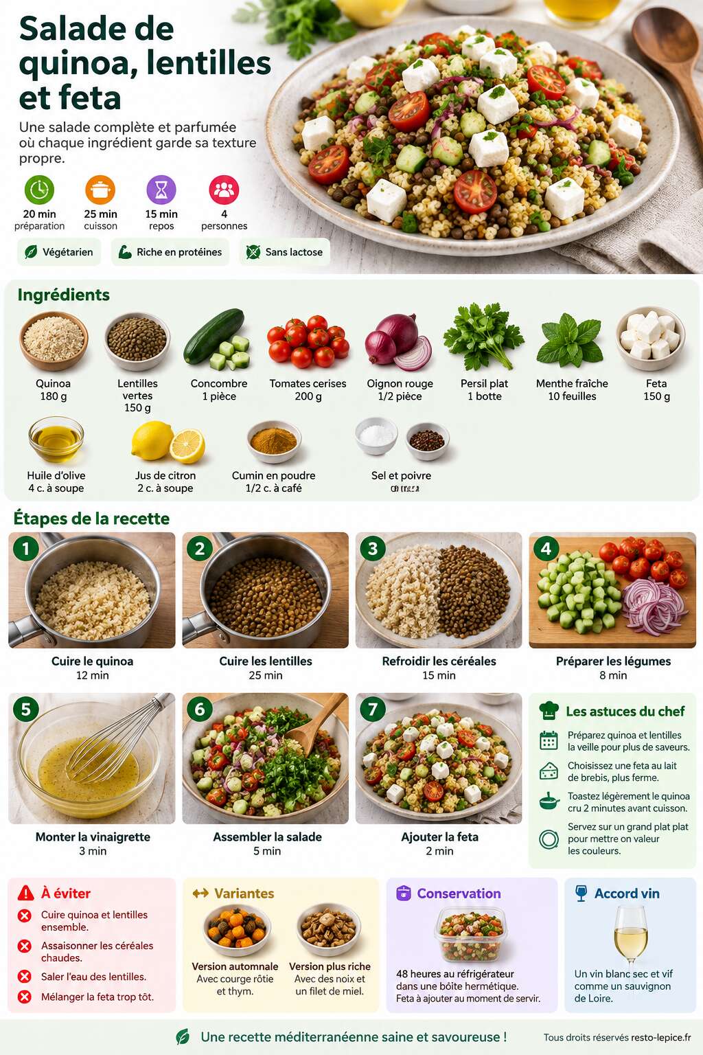Fiche recette Recette de salade de quinoa, lentilles et feta Fiche recette Recette de salade de quinoa, lentilles et feta
