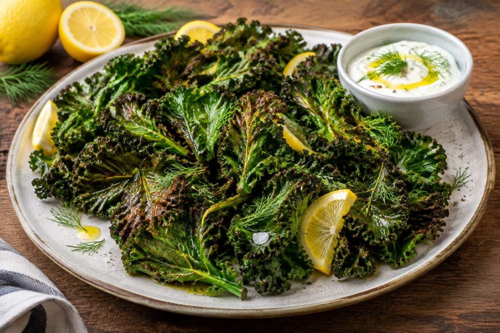 Recette de chou vert frisé rôti au beurre de citron, yaourt à l'ail et à l'aneth