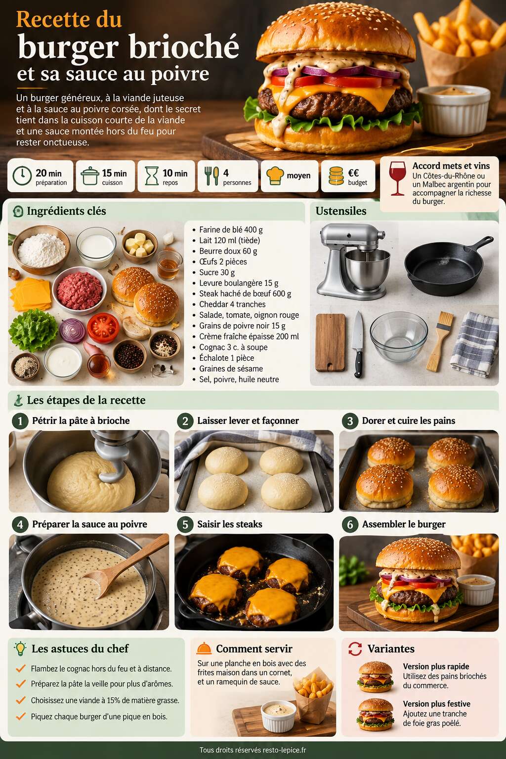 Fiche recette Recette du burger brioché et sa sauce au poivre Fiche recette Recette du burger brioché et sa sauce au poivre