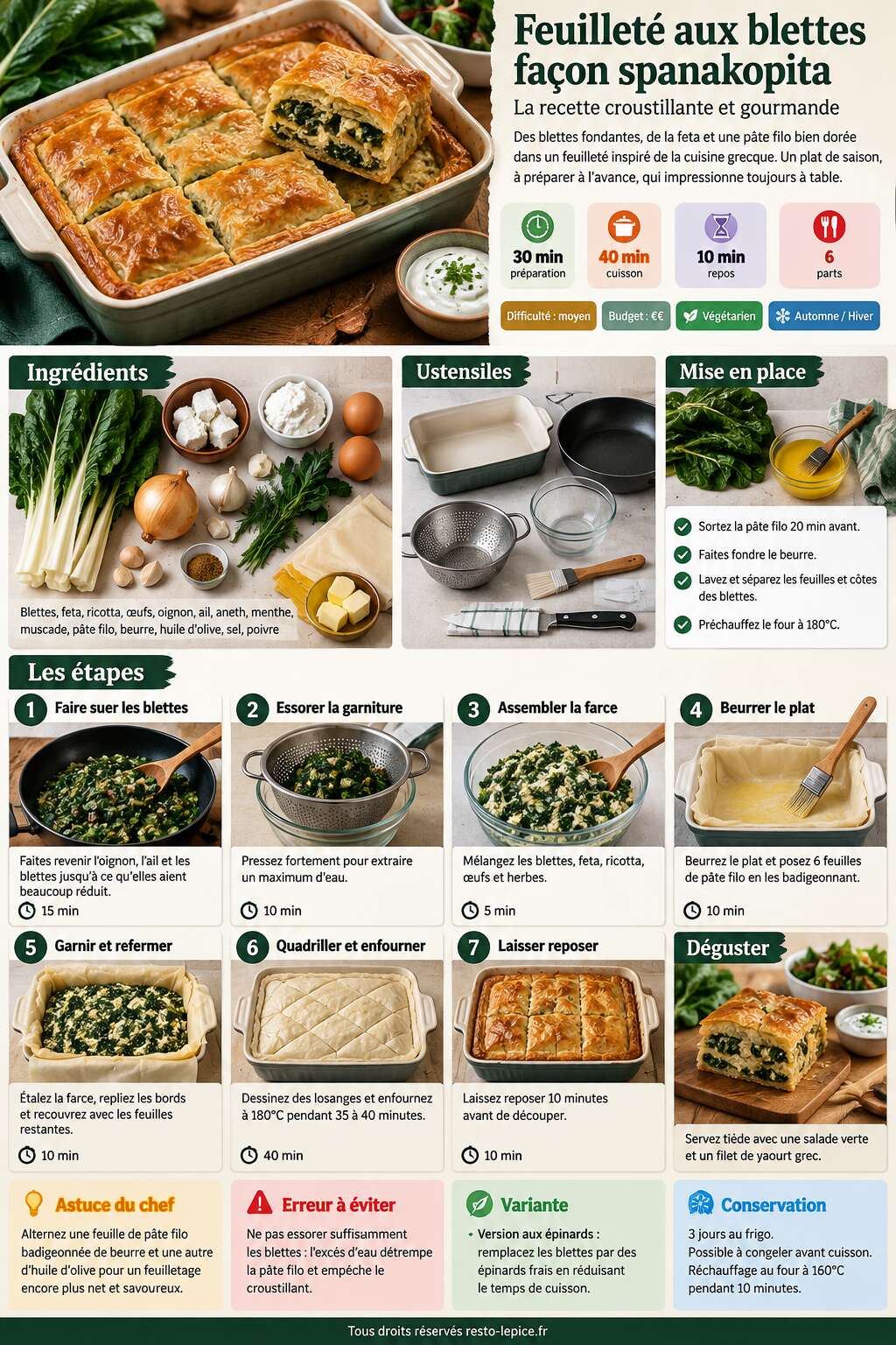 Fiche recette Feuilleté aux blettes façon spanakopita : la recette croustillante et gourmande Fiche recette Feuilleté aux blettes façon spanakopita : la recette croustillante et gourmande