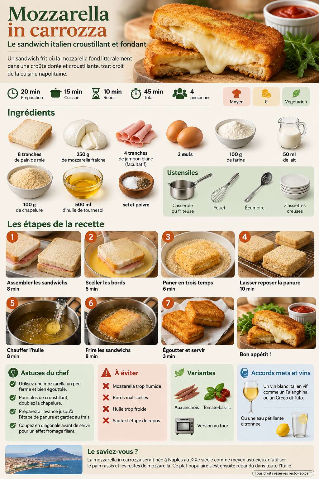 Fiche recette Recette de mozzarella in carrozza : le sandwich italien croustillant et fondant