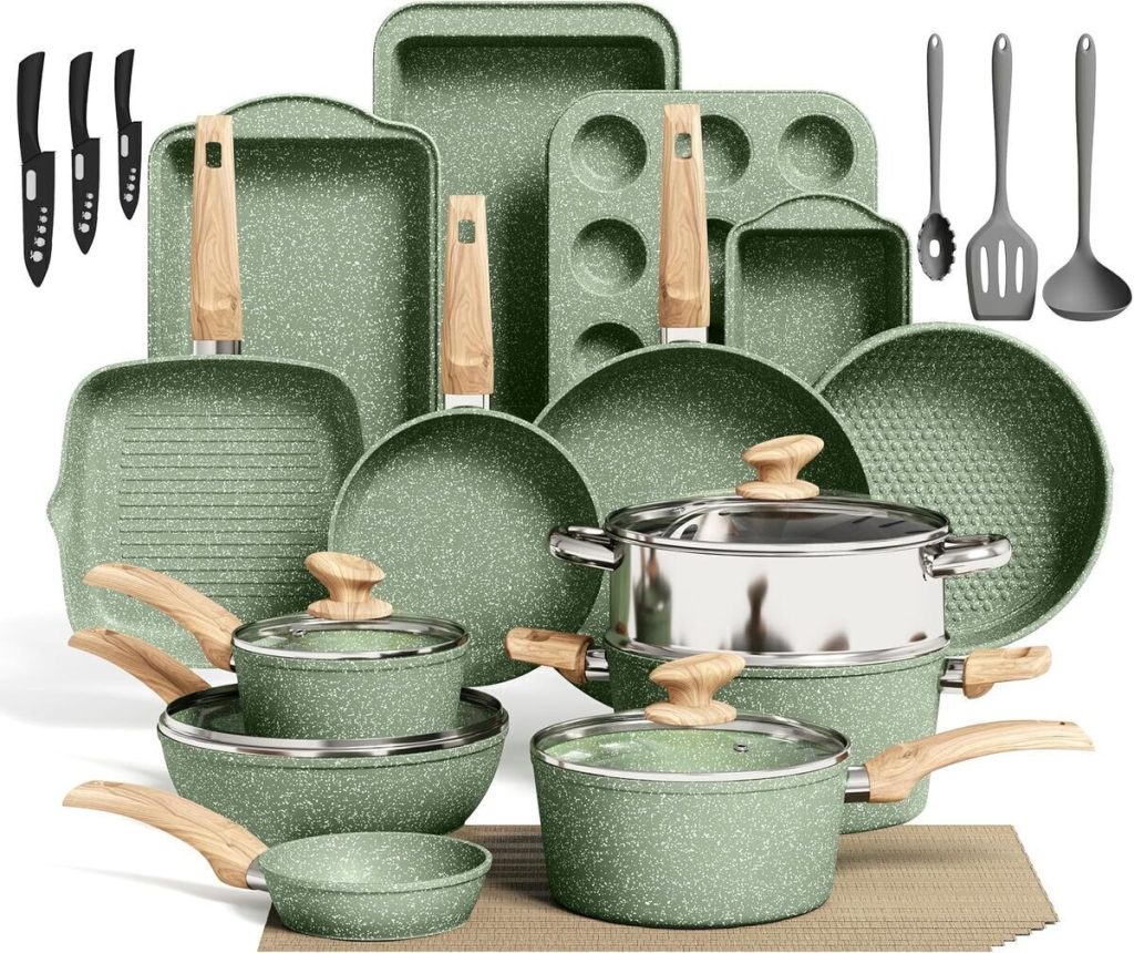 Test : kitchen Academy, ensemble de 30 pièces antiadhésives en granit vert pour induction