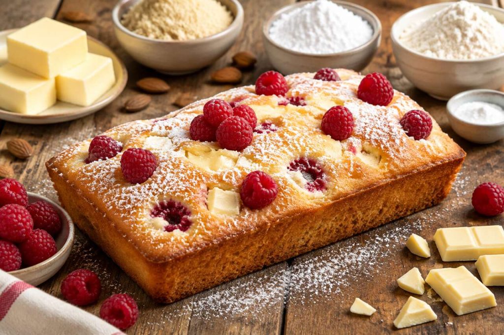Recette du financier géant aux framboises et au chocolat blanc