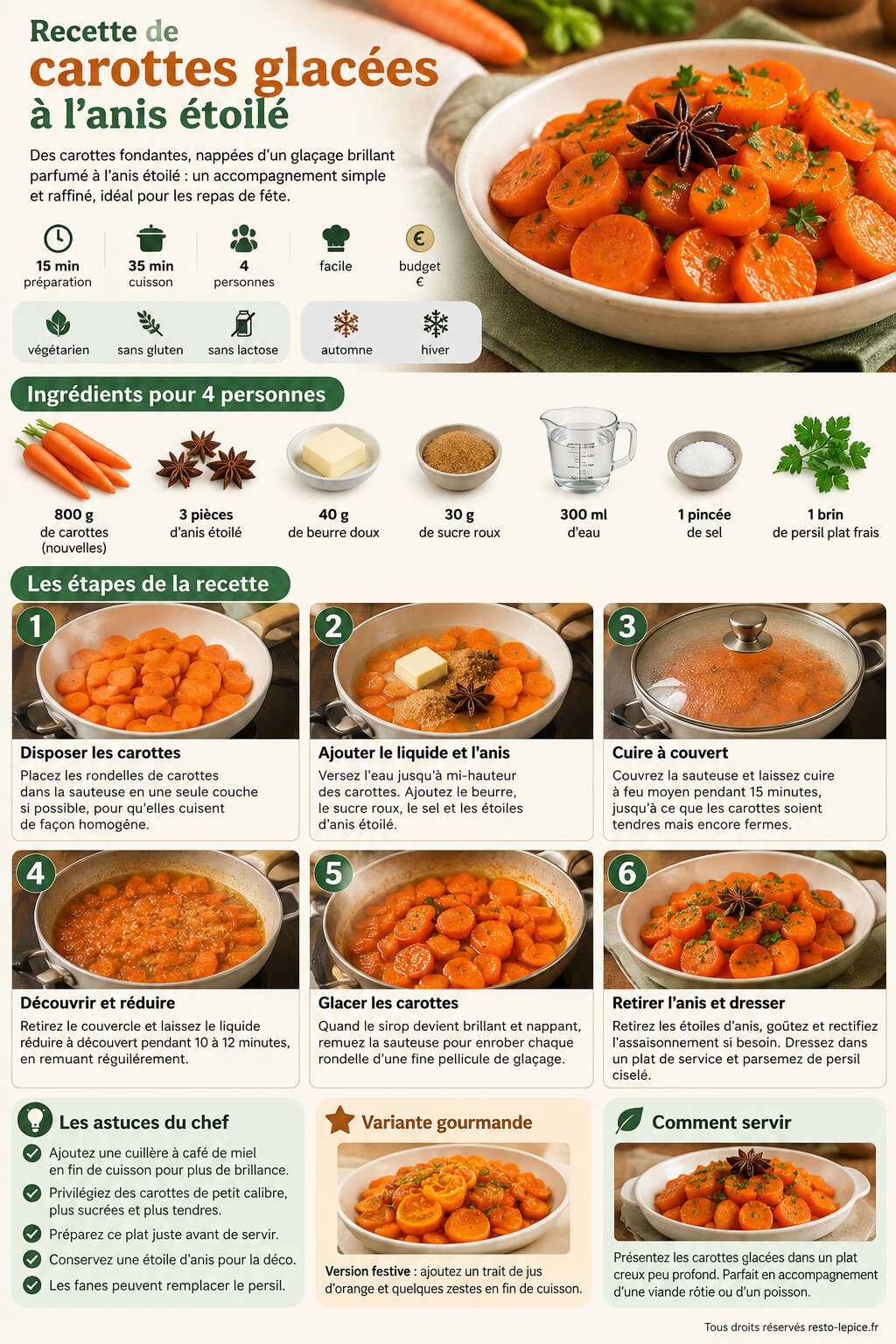Fiche recette Recette de carottes glac&eacute;es &agrave; l'anis &eacute;toil&eacute;