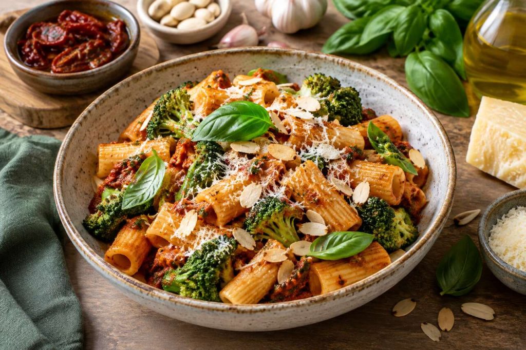 Recette de rigatoni au pesto rouge, brocoli et amandes
