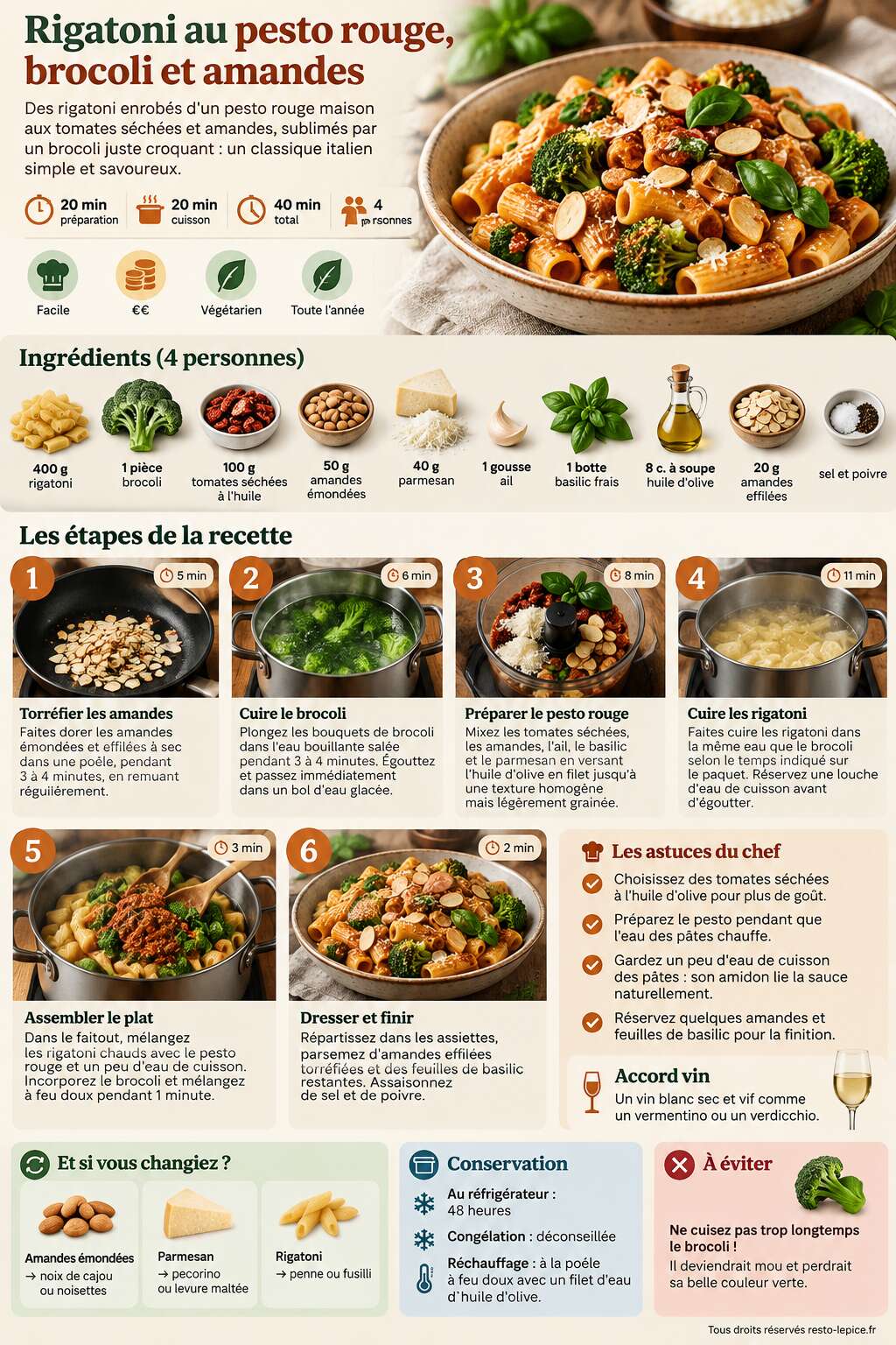 Fiche recette Recette de rigatoni au pesto rouge, brocoli et amandes Fiche recette Recette de rigatoni au pesto rouge, brocoli et amandes