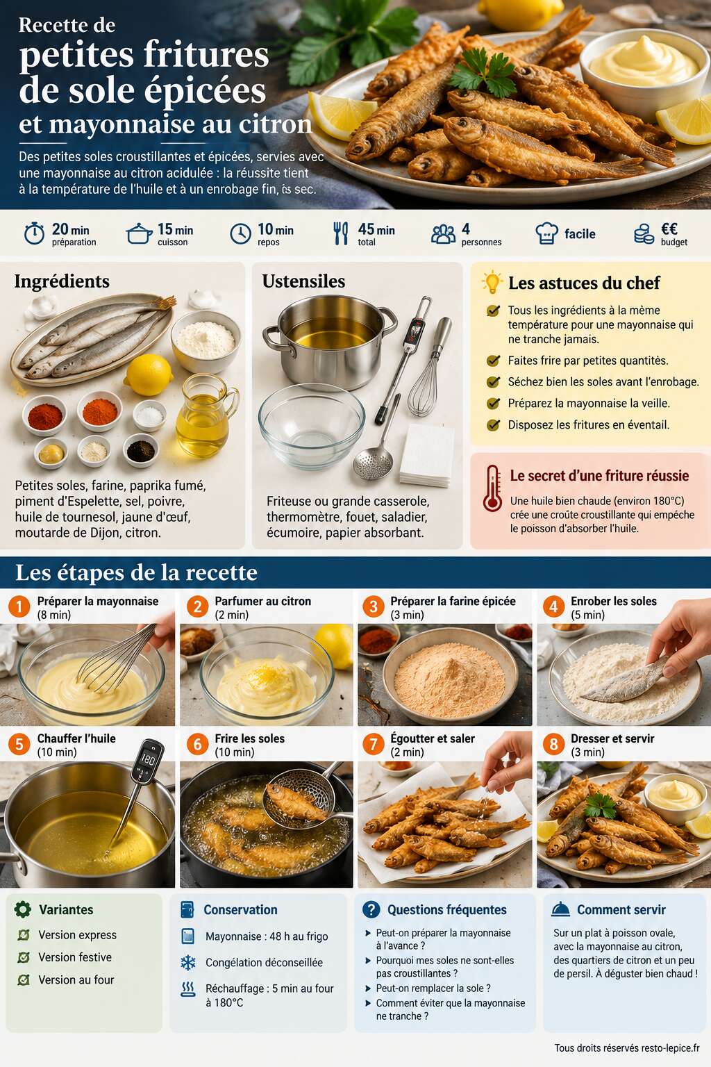 Fiche recette Recette de petites fritures de sole épicées et mayonnaise au citron Fiche recette Recette de petites fritures de sole épicées et mayonnaise au citron