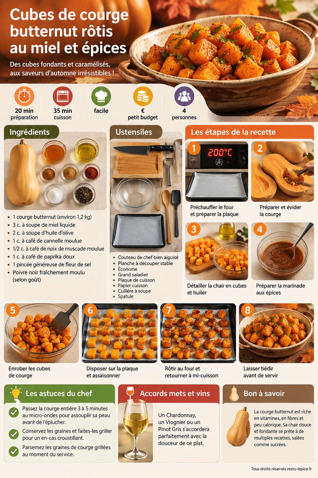 Fiche recette Cubes de courge butternut rôtis au miel et épices Fiche recette Cubes de courge butternut rôtis au miel et épices